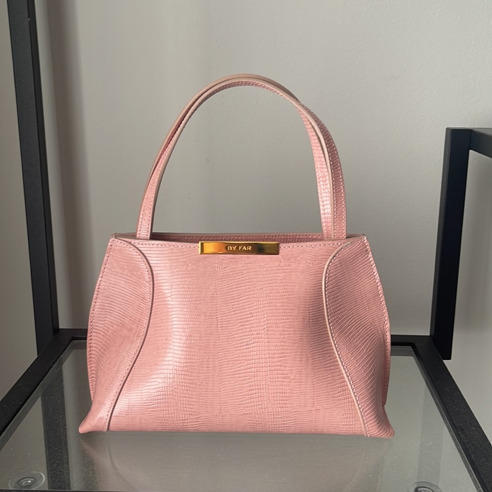 BY FAR CHARLOTTE PINK LIZARD EMBOSSED LEATHER BAG MINI TOTE